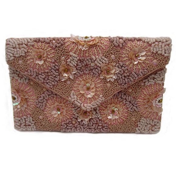 Seed Beaded Pink Floral Clutch with Chain