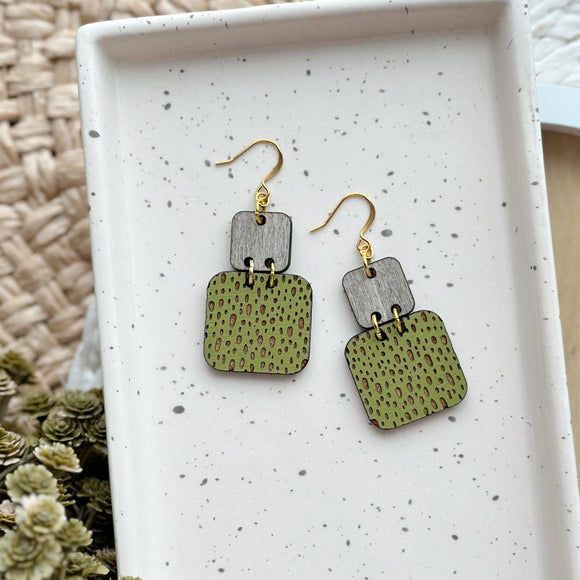 Earrings wicket goods green & gray squares