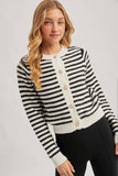 FAUX PEARL BUTTON DOWN STRIPED KNIT CARDIGAN