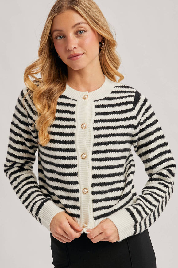 FAUX PEARL BUTTON DOWN STRIPED KNIT CARDIGAN