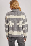 FAIR ISLE FUZZY KNIT FRONT ZIPPER CARDIGAN