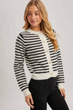 FAUX PEARL BUTTON DOWN STRIPED KNIT CARDIGAN