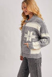 FAIR ISLE FUZZY KNIT FRONT ZIPPER CARDIGAN