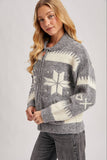 FAIR ISLE FUZZY KNIT FRONT ZIPPER CARDIGAN
