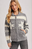 FAIR ISLE FUZZY KNIT FRONT ZIPPER CARDIGAN