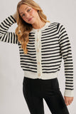 FAUX PEARL BUTTON DOWN STRIPED KNIT CARDIGAN
