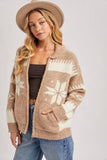FAIR ISLE FUZZY KNIT FRONT ZIPPER CARDIGAN