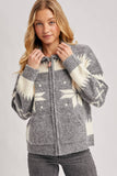 FAIR ISLE FUZZY KNIT FRONT ZIPPER CARDIGAN