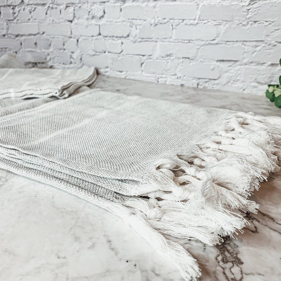 Decorative Throw Blanket or Towel w Tassels, Cotton & Bamboo: Haley Light Gray