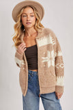 FAIR ISLE FUZZY KNIT FRONT ZIPPER CARDIGAN