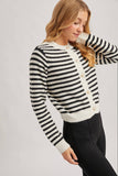 FAUX PEARL BUTTON DOWN STRIPED KNIT CARDIGAN