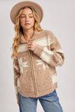 FAIR ISLE FUZZY KNIT FRONT ZIPPER CARDIGAN