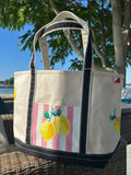 Hand Painted Medium Canvas Tote - Lemons with Pink Stripes