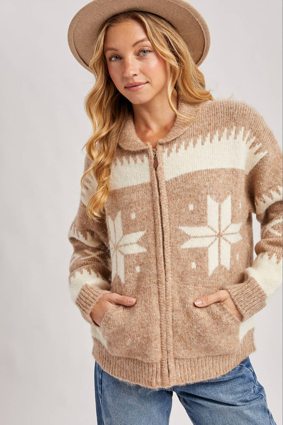 FAIR ISLE FUZZY KNIT FRONT ZIPPER CARDIGAN
