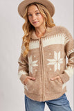 FAIR ISLE FUZZY KNIT FRONT ZIPPER CARDIGAN