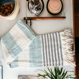 Decorative Throw Blanket or Towel w Tassels, Cotton & Bamboo: Mediterranean Pink Blue