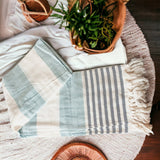Decorative Throw Blanket or Towel w Tassels, Cotton & Bamboo: Mediterranean Pink Blue
