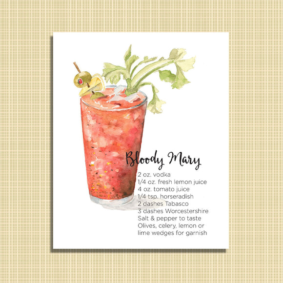 Bloody Mary recipe watercolor print