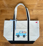 Hand Painted Medium Canvas Tote - Blue Truck with Flowers
