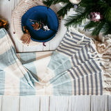 Decorative Throw Blanket or Towel w Tassels, Cotton & Bamboo: Mediterranean Pink Blue