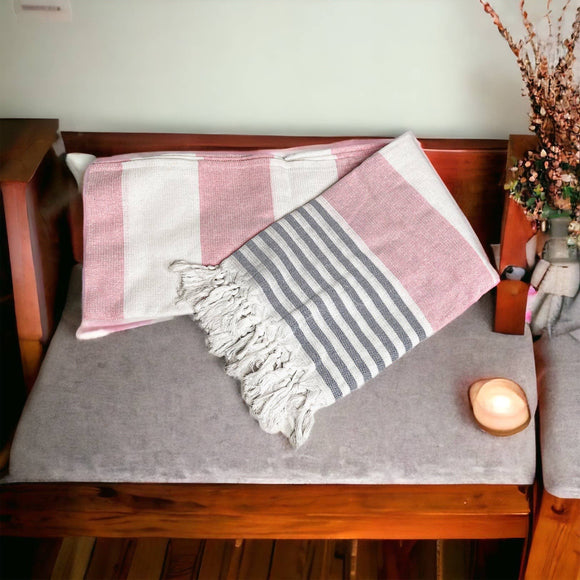 Decorative Throw Blanket or Towel w Tassels, Cotton & Bamboo: Mediterranean Pink Blue