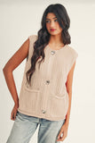 Cream Knit Side Pockets Buttoned Sweater Vest