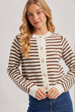 FAUX PEARL BUTTON DOWN STRIPED KNIT CARDIGAN