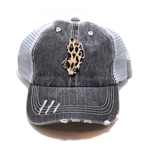 Gray Distressed Massachusetts Trucker Hat - Leopard print