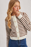 FAUX PEARL BUTTON DOWN STRIPED KNIT CARDIGAN