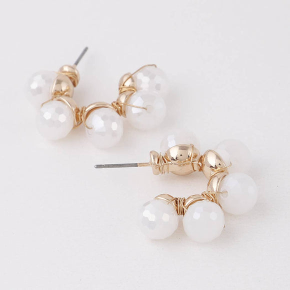 Crystal Bead Hoop Earrings: Gold White