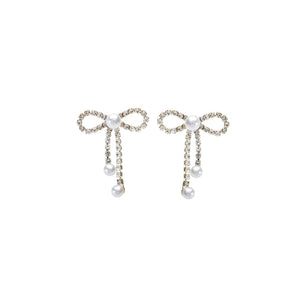 Gold Rhinestone Pearl Bow Earrings - 28033WH-G