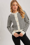 FAUX PEARL BUTTON DOWN STRIPED KNIT CARDIGAN