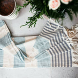 Decorative Throw Blanket or Towel w Tassels, Cotton & Bamboo: Mediterranean Pink Blue