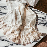 Decorative Throw Blanket or Towel w Tassels, Cotton & Bamboo: Mediterranean Pink Blue