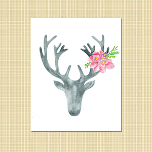 Gray Stag & Pink Flowers watercolor print