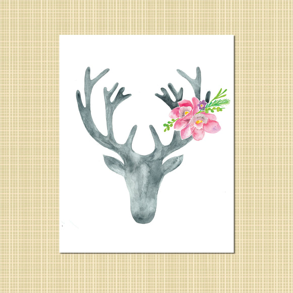 Gray Stag & Pink Flowers watercolor print