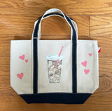 Hand Painted Mini Canvas Tote - Iced Coffee with Hearts