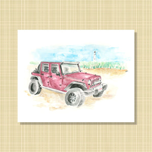 Red Jeep on Beach watercolor print