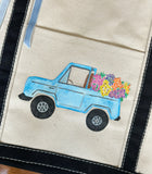 Hand Painted Medium Canvas Tote - Blue Truck with Flowers