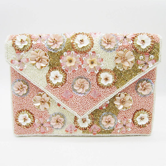 Seed Beaded Floral Clutch with Chain