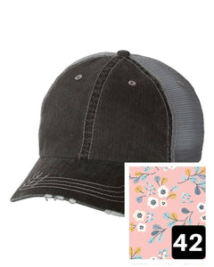 Massachusetts Trucker hat Gray Distressed with pink flowers