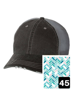 Massachusetts Trucker hat Gray Distressed with blue geo