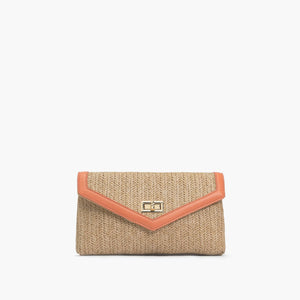 Straw and coral purse with gold chain
