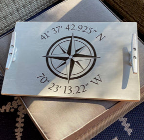wood tray with compass & coordinates